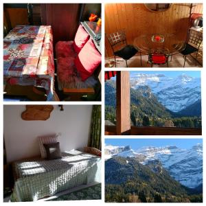 un collage de photos d'une chambre avec vue sur la montagne dans l'établissement Studio avec vue splendide sur les Diablerets, aux Diablerets