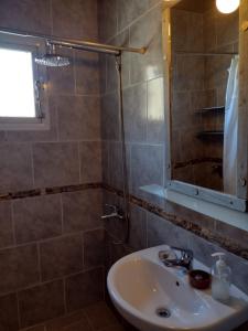 a bathroom with a sink and a shower with a mirror at Paso del Cuadrado in El Chalten