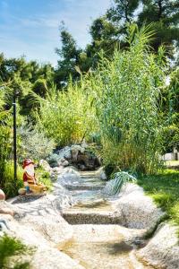 a garden with a stone path and plants at Chrousso Village in Paliouri