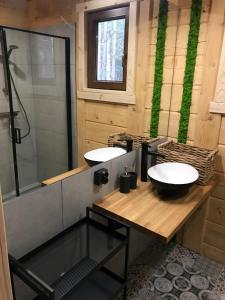 ein Badezimmer mit zwei Waschbecken und einer Dusche in der Unterkunft FoRest Inn in Trzepieciny + 20 Fotos