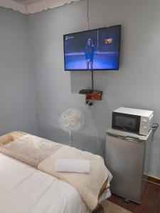 a bedroom with a bed and a tv on the wall at Luvuyos Guest House Pmb in Pietermaritzburg