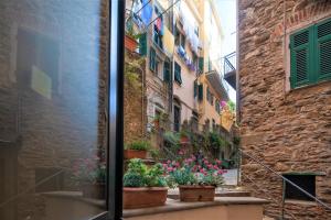 an alley with potted plants in front of a building at Casedirio Apartment - Riomaggiore in Riomaggiore