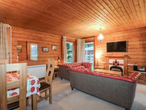 uma sala de estar com um sofá e uma televisão numa cabina em Roisin Dhu em Lochcarron