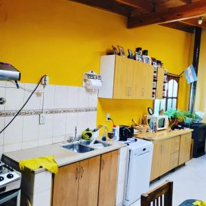 cocina con fregadero y pared amarilla en Alojamiento Raquel y Hector en Ushuaia