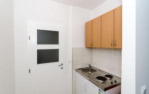 a small kitchen with wooden cabinets and a sink at Apartment Felix in Dubrovnik