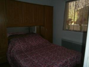 een slaapkamer met een bed met een rood dekbed en een raam bij 31 avenue GEORGES CLEMENCEAU in Le Mont-Dore