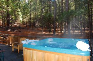 a jacuzzi tub on a deck in the woods at Bear Crossing in Wawona