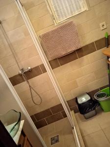 eine Dusche mit Glastür im Bad in der Unterkunft Veranda Vendégház in Kismaros