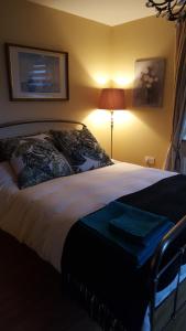 a bedroom with a large bed with a lamp and a bedspread at Carlingford Mountain and Sea Views in Carlingford