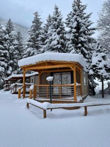 Gran Bosco Camping & Lodge في Salbertrand: كابينة في الثلج مغطاة بالشجر