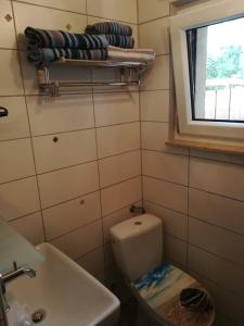 La salle de bains est pourvue de toilettes, d'un lavabo et d'une fenêtre. dans l'établissement Müller's Ferienbungalow "Zur Göltzschtalbrücke", à Greiz