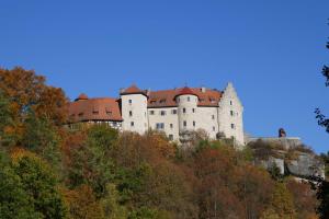 un castillo en la cima de una colina con árboles en Limerhof en Waischenfeld