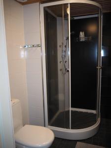 a bathroom with a glass shower with a toilet at Ellivuori Lake View in Sastamala