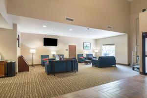 a living room with couches chairs and a tv at Comfort Suites Grayslake near Libertyville North in Grayslake