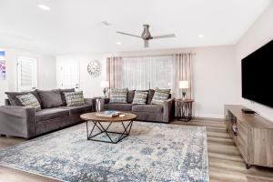 a living room with a couch and a tv at Modern Home, Heated Pool, Close to Beaches! in Tarpon Springs