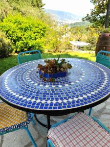 uma mesa azul e branca com uma planta em vasos em L'Antico Frantoio em Rapallo