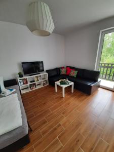 a living room with a black couch and a table at Rowy Apartament.b5 in Rowy
