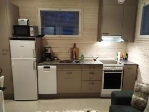 eine Küche mit einem weißen Kühlschrank und einer Spüle in der Unterkunft Pikkuporo in Syöte