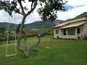 un arbre avec balançoires dans une cour à côté d'une maison dans l'établissement Passarinhada Hospedagem, à Domingos Martins