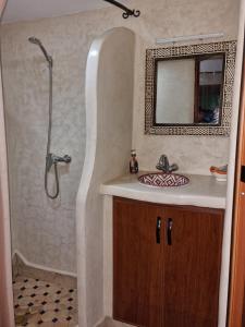 een badkamer met een wastafel en een douche met een spiegel bij MIGUIRNE Chez Ali in Tamellalt
