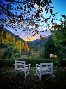 卡斯特里爾的住宿－Saluda Alta，两把白色椅子坐在草地上,享有美景