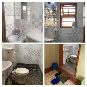 four pictures of a bathroom with a toilet and a sink at Yonny’s Citadel in Jinja