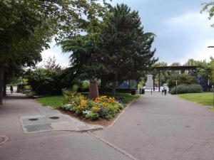 einen Park mit einem Baum und Blumen auf einem Gehweg in der Unterkunft Le Rohan in Colmar
