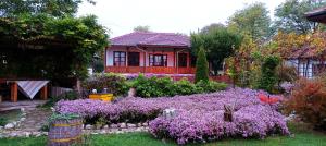 um jardim com flores roxas em frente a uma casa em Babinata Kashta-Srebarna em Srebŭrna