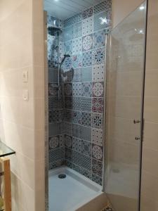 een douche met een glazen deur in de badkamer bij Chambres et table d'hôtes Régord'âne in Le Brignon