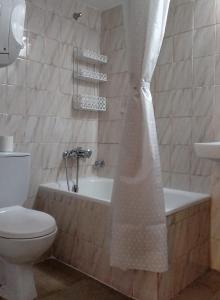 畢斯卡斯的住宿－La Borda de Quevedo，浴室设有卫生间、浴缸和淋浴帘。