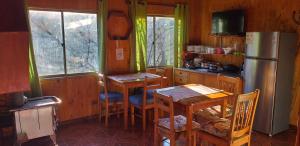 a kitchen with two tables and a refrigerator at Hospedaje Picoyo in Pucón