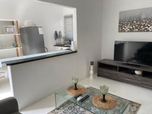 a living room with a tv and a glass table at Hillcrest Haven cottage 1 in Hillcrest