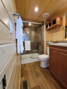 a bathroom with a toilet and a shower and a sink at 077 Tiny Home nr Grand Canyon South Rim Sleeps 8 in Valle