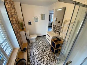 ein Bad mit einem WC und einem Spiegel in der Unterkunft Parking - Wifi - Hyper Centre - Cosy - Lumineux in Montivilliers