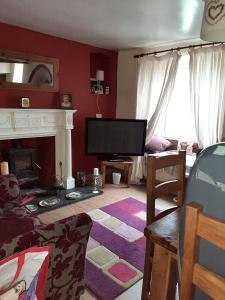 a living room with a television and a fireplace at Saltcotes Farm in Ulverston