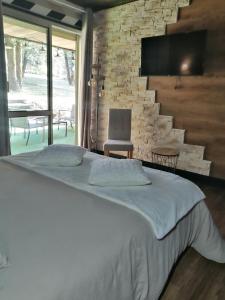 - une chambre avec un lit et une télévision sur un mur en briques dans l'établissement LAPAUSEDEGOUT piscine table d'hôtes chambres climatisées terrasse ou patio, à Lachapelle-Auzac