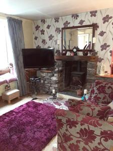 a living room with a television and a fireplace at Saltcotes Farm in Ulverston