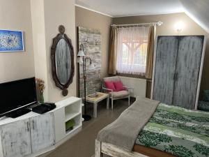 1 dormitorio con cama, espejo y TV en Kovács Vendégház, en Bük