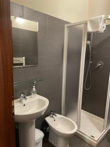 La salle de bains est pourvue d'un lavabo, de toilettes et d'une douche. dans l'établissement Residence Le Marmotte, à Gressoney-La-Trinité