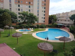 basen z parasolami w parku z budynkami w obiekcie Suite Maimonides Fuengirola w mieście Fuengirola +22 zdjęcia