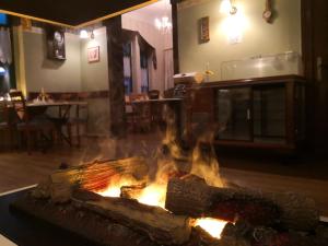 een vuurplaats in een restaurant met vlammen bij Hotel Villa Alice in Thale