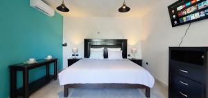 een slaapkamer met een bed en een flatscreen-tv bij Cozumel 568 - Vacation Rental in Cozumel