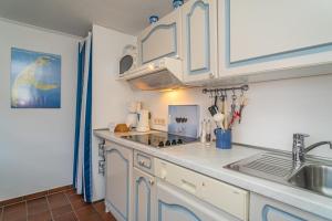 提努姆Schallers Hüs 5 - Bungalow的厨房配有蓝白色橱柜和水槽 更多10张照片
