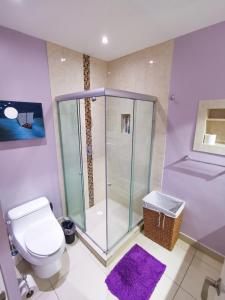 La salle de bains est pourvue d'une douche en verre et de toilettes. dans l'établissement Estudio 310 Nuevo Vallarta, frente al mar, totalmente equipado y amueblado!, à Nuevo Vallarta