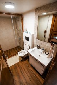 a bathroom with a toilet and a sink and a shower at Grape Island Bozcaada Guest House in Canakkale