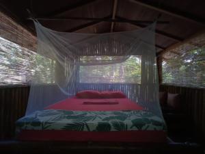 a bed with a canopy in a room with windows at Treegana in Triganá