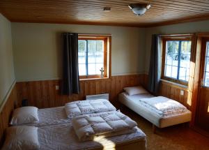 a bedroom with two beds and two windows at Ljøra Lodge - Home of nature and peace - All year in Ljørdalen