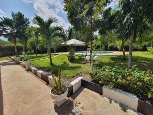 a garden with palm trees and a swimming pool at The Swimming Ostrich in Ukunda