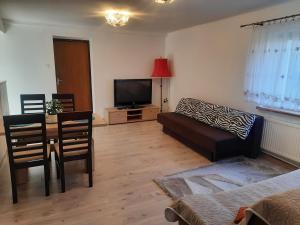 a living room with a couch and a table with a television at Apartament Kwiatowa in Piechowice