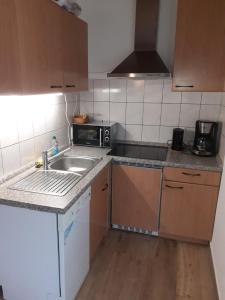 una pequeña cocina con fregadero y microondas en Ferienhaus am Mittelberg, en Nordhausen